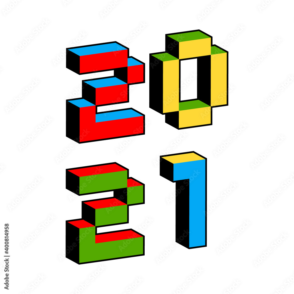 2021 text in style of old 8-bit video games. Vibrant colorful 3D Pixel Letters. Creative digital New Year poster, flyer template for celebration. Holiday vector. Retro arcade, computer program screen 2021 text in style of old 8-bit video games. Vibrant colorful 3D Pixel Letters. Creative digital New Year poster, flyer template for celebration. Holiday vector. Retro arcade, computer program screen
