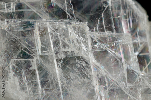 macro stone mineral Iceland spar on a black background