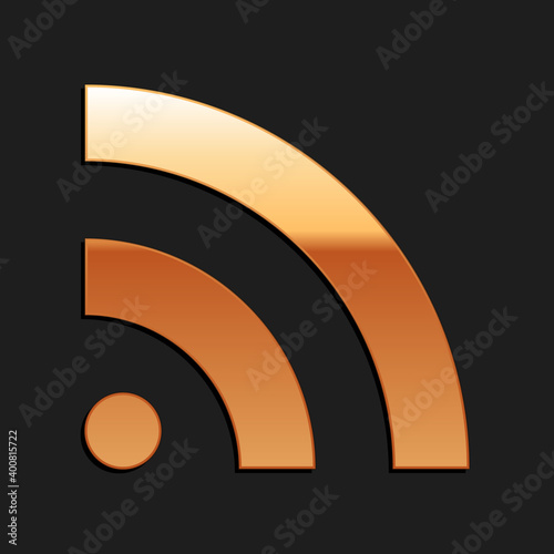 Gold RSS icon isolated on black background. Radio signal. RSS feed symbol. Long shadow style. Vector.