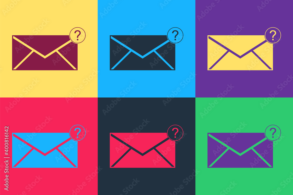 Pop art Envelope with question mark icon isolated on color background. Letter with question mark symbol. Send in request by email. Vector. Pop art Envelope with question mark icon isolated on color background. Letter with question mark symbol. Send in request by email. Vector.