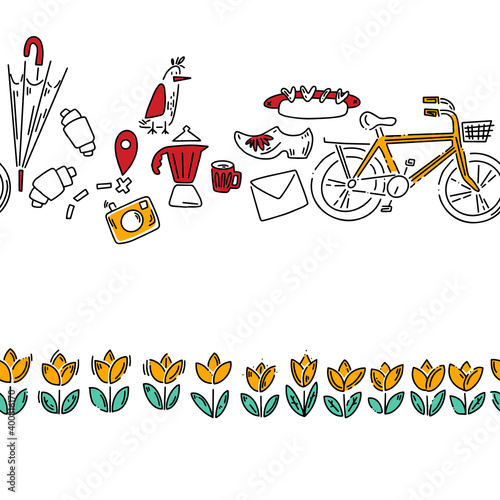 Doodle pattern with cheese, wine, klomps and other other tourist stuff. Hand drawn pattern in doodle style. Vector image, clipart, editable details.