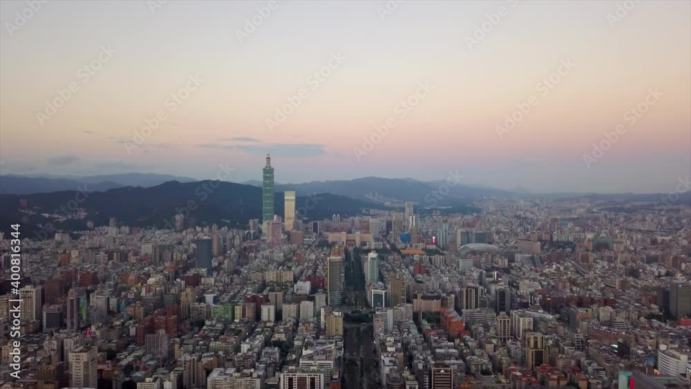 taiwan sunset taipei cityscape center famous tower aerial panorama 4k taiwan sunset taipei cityscape center famous tower aerial panorama 4k
