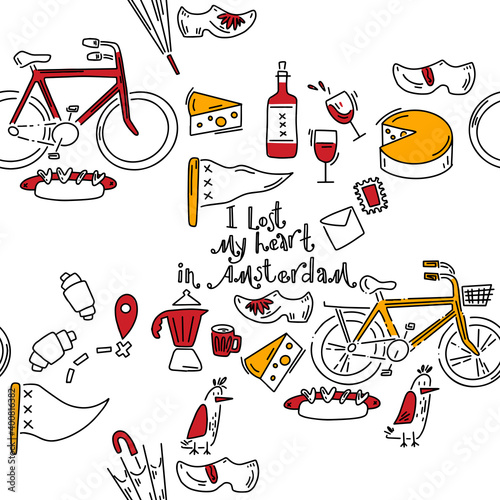Doodle pattern with cheese, wine, klomps and other other tourist stuff. Hand drawn pattern in doodle style. Vector image, clipart, editable details.
