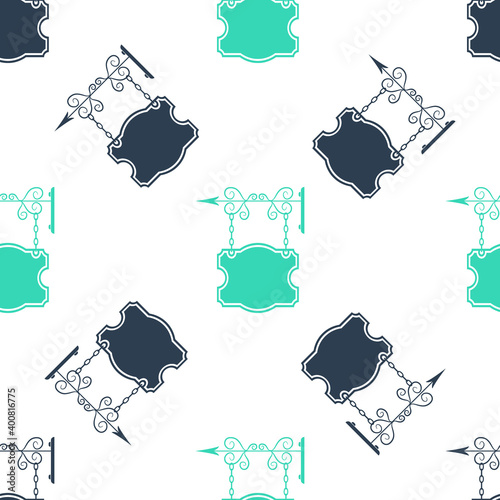Green Vintage street signboard hanging on forged brackets icon isolated seamless pattern on white background. Suitable for advertisements bar, cafe, pub, restaurant. Vector.