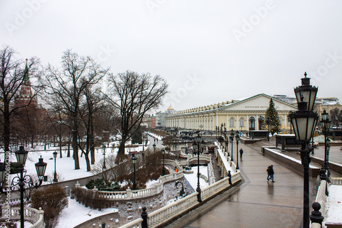 view of Manezhnaya square and decorated Christmas tree on a cloudy winter day in Moscow Russia