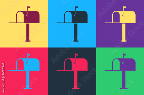 Pop art Open mail box icon isolated on color background. Mailbox icon. Mail postbox on pole with flag. Vector.