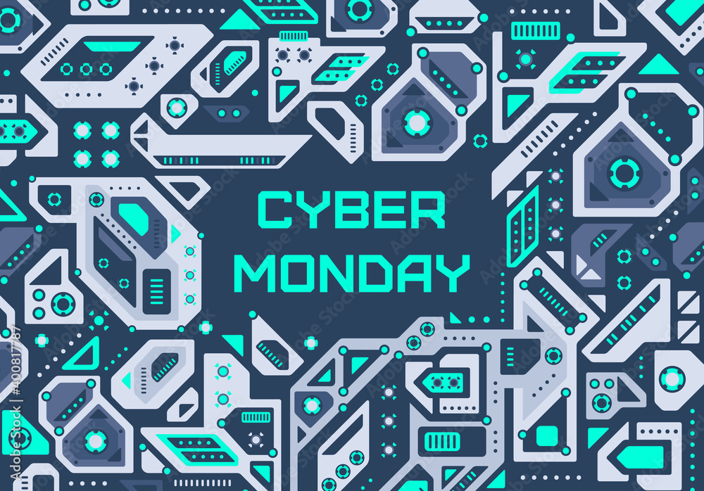 Cyber monday card. Technology electronic background.