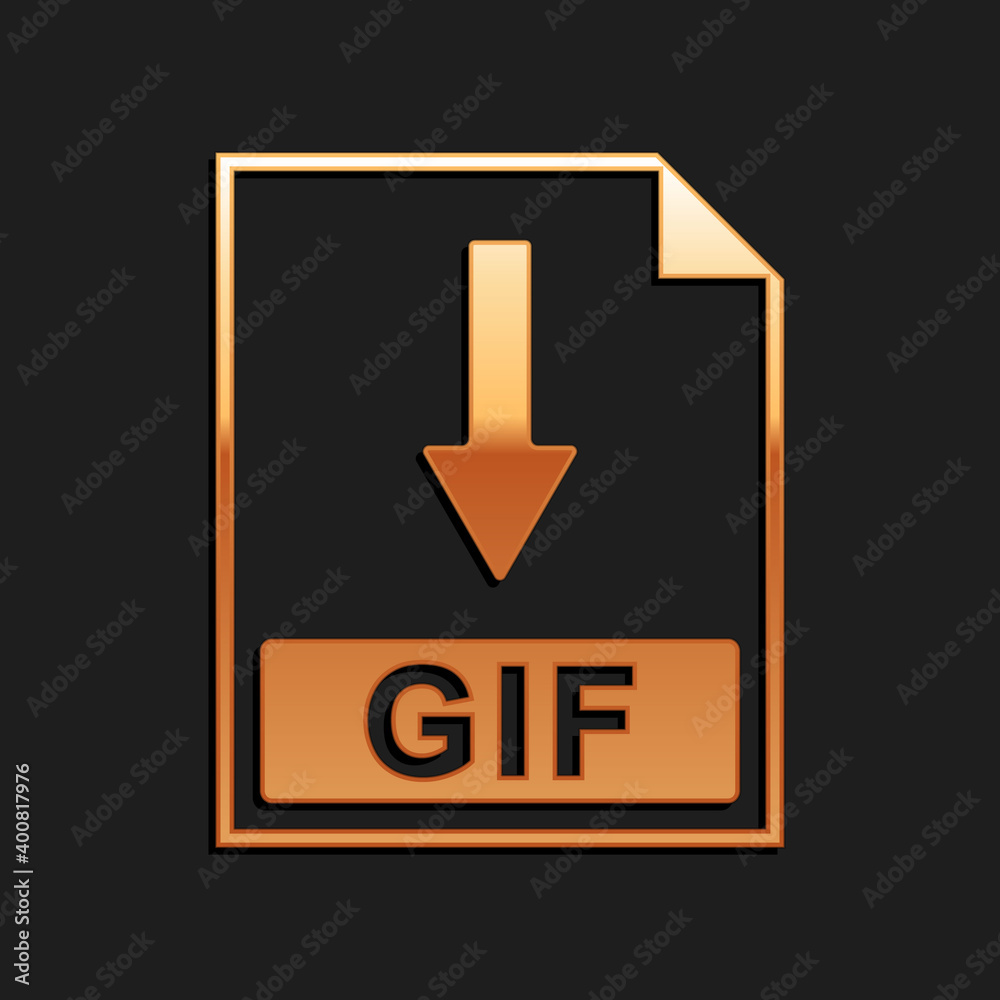 Gold GIF file document icon. Download GIF button icon isolated on black background. Long shadow style. Vector. Gold GIF file document icon. Download GIF button icon isolated on black background. Long shadow style. Vector.