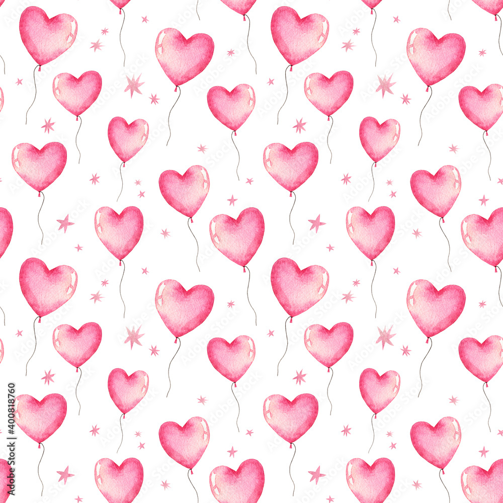 Watercolor seamless pattern with heart shaped balloons pink color and stars isolated on white background.