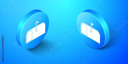 Isometric Mail box icon isolated on blue background. Mailbox icon. Mail postbox on pole with flag. Blue circle button. Vector.