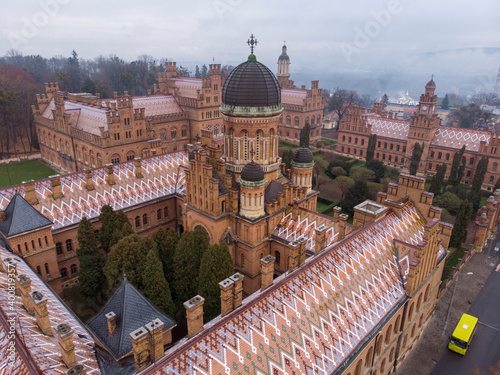 Vászonkép Chernivtsi University Aerial Shot at at Later Autumn in Moody Misty Weather