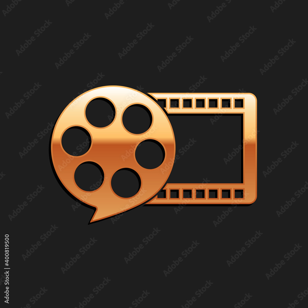 Gold Film reel and play video movie film icon isolated on black background. Long shadow style. Vector.