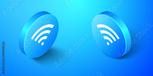 Isometric Wi-Fi wireless internet network symbol icon isolated on blue background. Blue circle button. Vector.