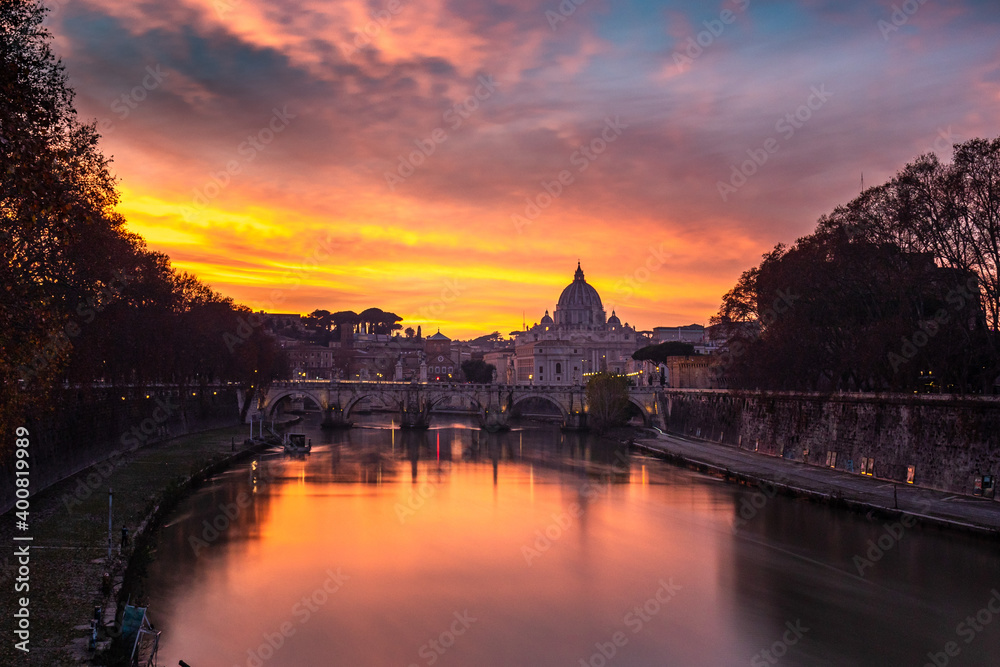 Rome Italy city at sunset. Basilica di San Pietro