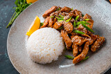  Chicken breast teriyaki with rice and sesame seeds close up, traditional asian food