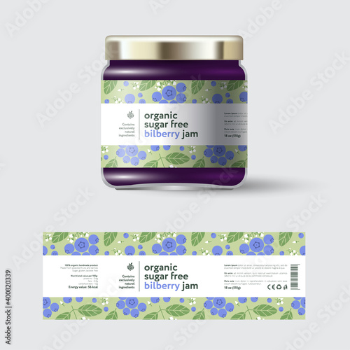 Bilberry jam label and packaging. Jar with cap with label. White strip with text and on seamless pattern with fruits, flowers and leaves.