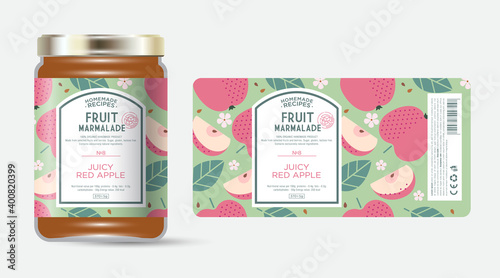 Label and packaging of red apple marmalade. Jar with label. Text in frame with stamp (sugar free) on seamless pattern with fruits, flowers and leaves.