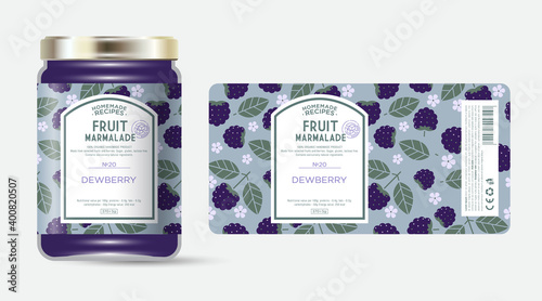Label and packaging of bramble marmalade. Jar with label. Text in frame with stamp (sugar free) on seamless pattern with berries, flowers and leaves. photo