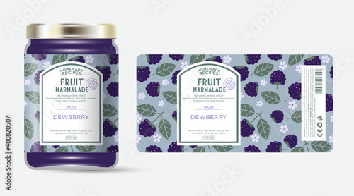 Label and packaging of bramble marmalade. Jar with label. Text in frame with stamp (sugar free) on seamless pattern with berries, flowers and leaves.