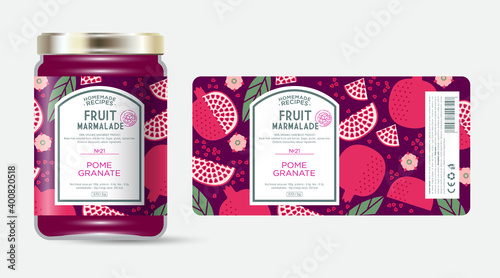 Label and packaging of pomegranate marmalade. Jar with label. Text in frame with stamp (sugar free) on seamless pattern with fruits, flowers and leaves.