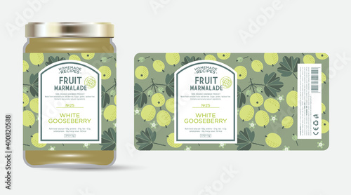 Label and packaging of white, green gooseberry marmalade. Jar with label. Text in frame with stamp (sugar free) on seamless pattern with berries, flowers and leaves.