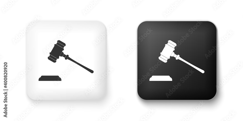 Black and white Judge gavel icon isolated on white background. Gavel for adjudication of sentences and bills, court, justice, with a stand. Auction hammer. Square button. Vector. Black and white Judge gavel icon isolated on white background. Gavel for adjudication of sentences and bills, court, justice, with a stand. Auction hammer. Square button. Vector.
