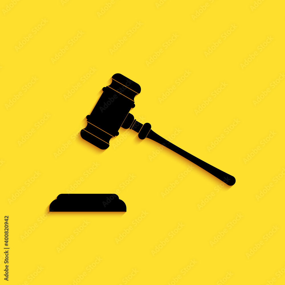 Black Judge gavel icon isolated on yellow background. Gavel for adjudication of sentences and bills, court, justice, with a stand. Auction hammer. Long shadow style. Vector. Black Judge gavel icon isolated on yellow background. Gavel for adjudication of sentences and bills, court, justice, with a stand. Auction hammer. Long shadow style. Vector.