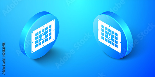 Isometric Prison window icon isolated on blue background. Blue circle button. Vector.