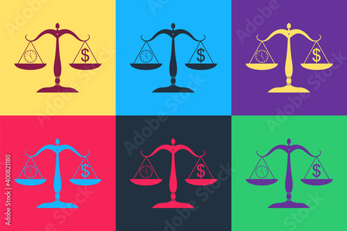 Pop art Scale weighing money and time icon isolated on color background. Scales with hours and a coin. Balance between work and the given time. Vector.