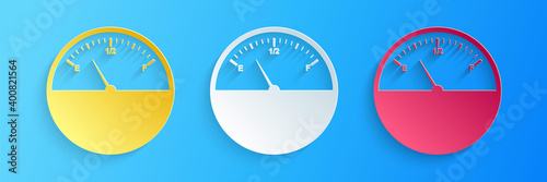 Paper cut Fuel gauge icon isolated on blue background. Full tank. Paper art style. Vector.