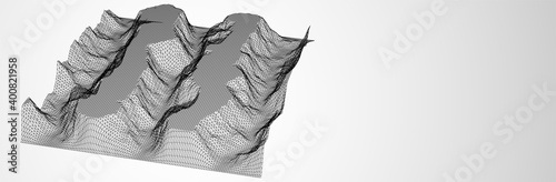 3d line landscape. Wireframe surface. Grid terrain. Vector illustration. Black triangular structure on white gray gradient background