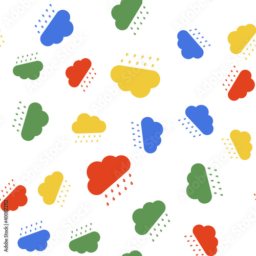 Color Cloud with rain icon isolated seamless pattern on white background. Rain nimbus cloud precipitation with rain drops. Vector.
