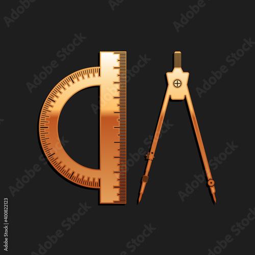 Gold Protractor and drawing compass icon isolated on black background. Drawing professional instrument. Geometric equipment. Education sign. Long shadow style. Vector.