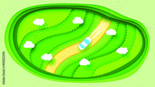 Abstract Green Paper Cut Background With Tree Forest Road Clouds Car Vector Design Style