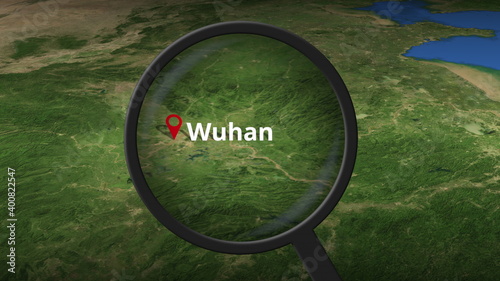 Loupe finds Wuhan city on the map, 3d rendering