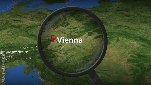 Magnifying glass finds Vienna city on the map, 3d rendering