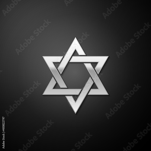 Silver Star of David icon isolated on black background. Jewish religion symbol. Long shadow style. Vector.