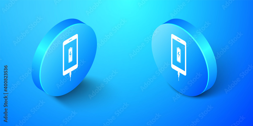 Isometric Smartphone battery charge icon isolated on blue background. Phone with a low battery charge and with USB connection. Blue circle button. Vector. Isometric Smartphone battery charge icon isolated on blue background. Phone with a low battery charge and with USB connection. Blue circle button. Vector.