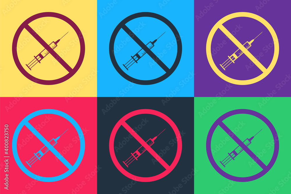 Pop art No vaccine icon isolated on color background. No syringe sign. Vaccination, injection, vaccine, insulin concept. Vector. Pop art No vaccine icon isolated on color background. No syringe sign. Vaccination, injection, vaccine, insulin concept. Vector.