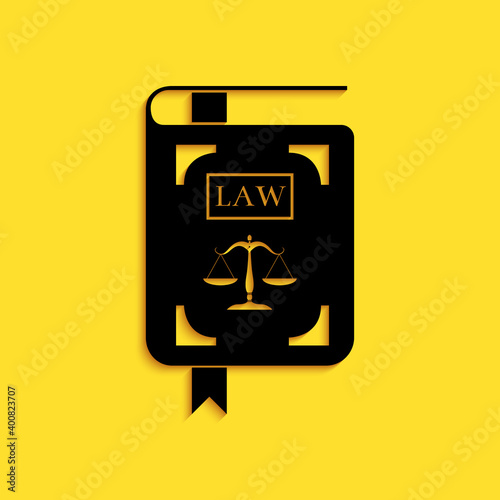 Black Law book statute book with scales of justice icon isolated on yellow background. Long shadow style. Vector.