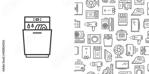Dishwasher icon and vector seamless pattern with household appliances. Line style icons isolated on white background