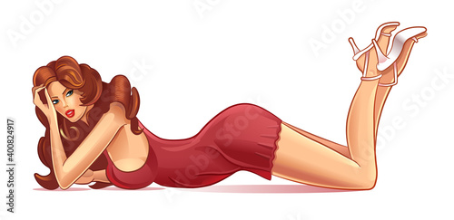 A sexy women in a red short dress and shoes lies in a seductive pose. Isolated on a white background. Vector illustration