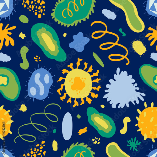 Bright vector seamless pattern with different viruses and bacteria on dark blue background. Laboratory, microbiology, science, study, clinical research, medicine