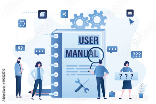 Business people have some questions. Group of employees needs help. Office workers read user manual or guidance.