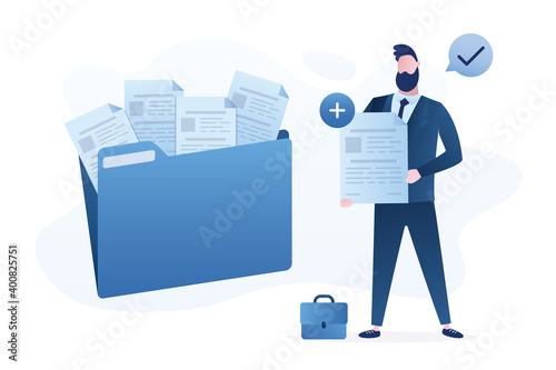 Male office worker adds file to big folder. Storage and indexing of information. Businessman holds paper document. Database.