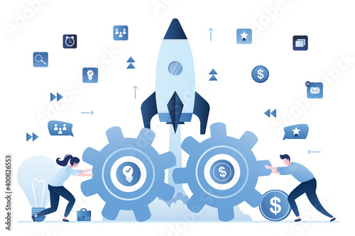 Business partners create new startup. People are rolling giant gears, successful negotiation, contract or deal.