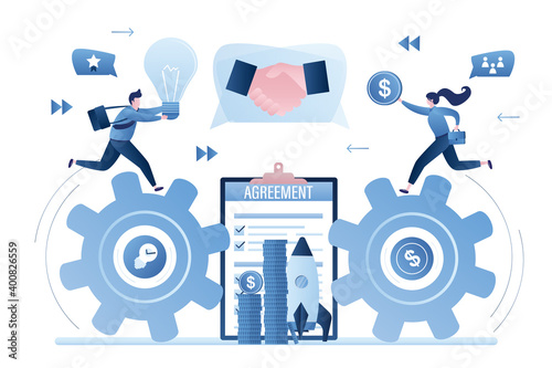 Man with idea and female investor run on giant gears to meet each other. Successful negotiations. Creation of new startup, investment.