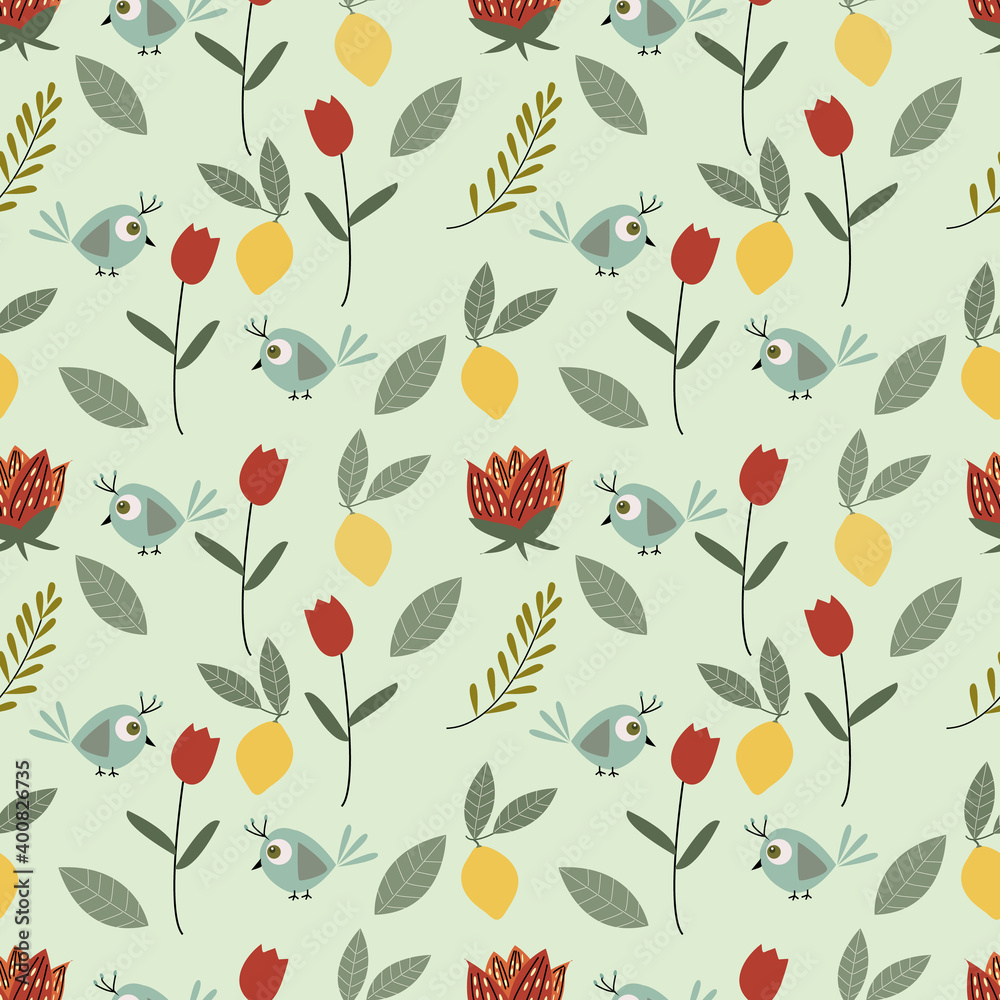Cute bird,flower ilustration seamless pattern.Great for kid textile,fabric,wrapping paper,crapbooking.