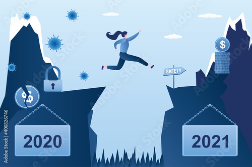 Businesswoman jumping from problems 2020 to new 2021. Jump over an obstacle. Year of coronavirus, lockdown and financial crisis.
