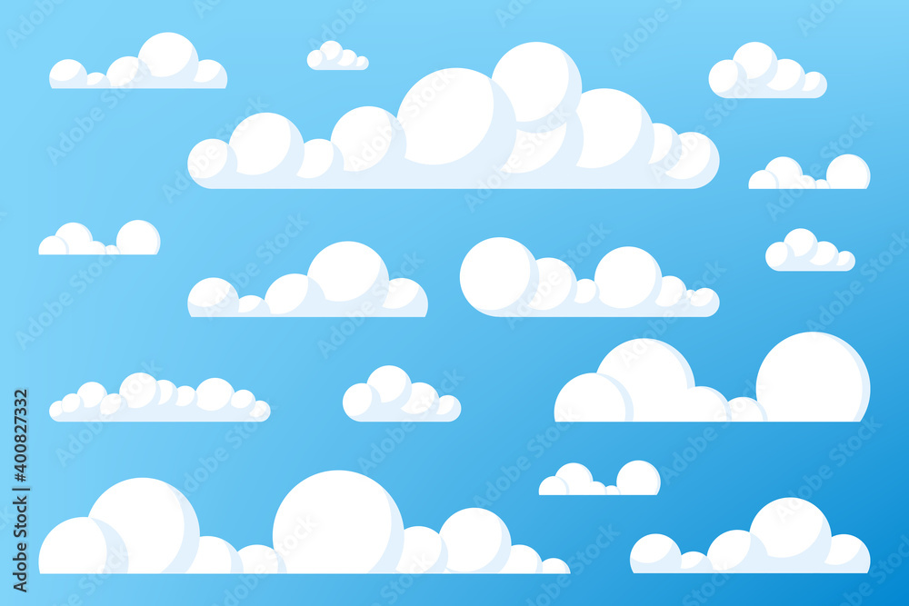 Set of blue sky, clouds. Cloud icon, cloud shape. Set of different clouds. Collection of cloud icon, shape, label, symbol. Graphic element vector. Vector design element for logo, web and print. Set of blue sky, clouds. Cloud icon, cloud shape. Set of different clouds. Collection of cloud icon, shape, label, symbol. Graphic element vector. Vector design element for logo, web and print.